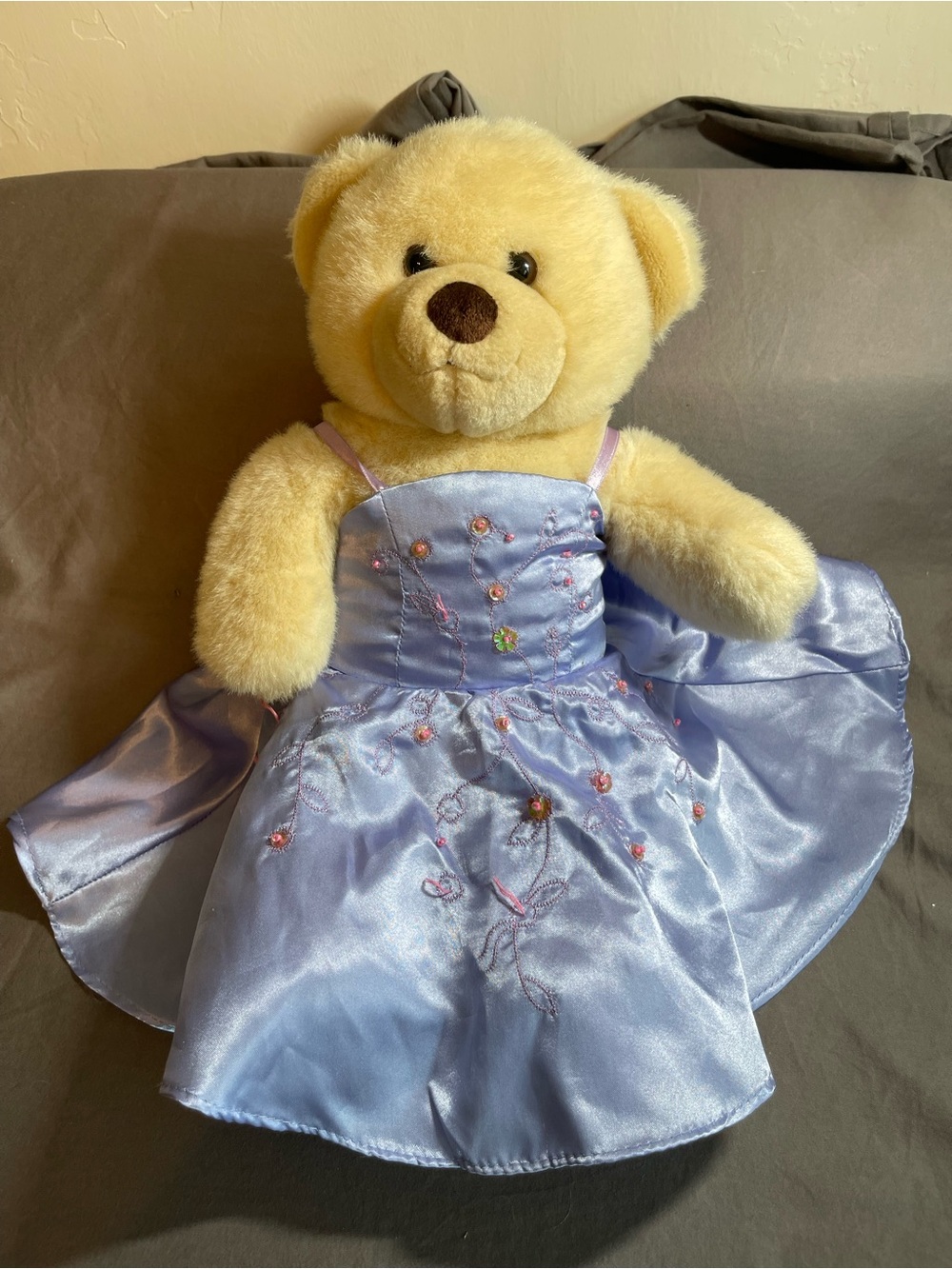 Vintage Build A Bear Cream Bear with Chocolate Nose Bear Purple Dress Early 2000